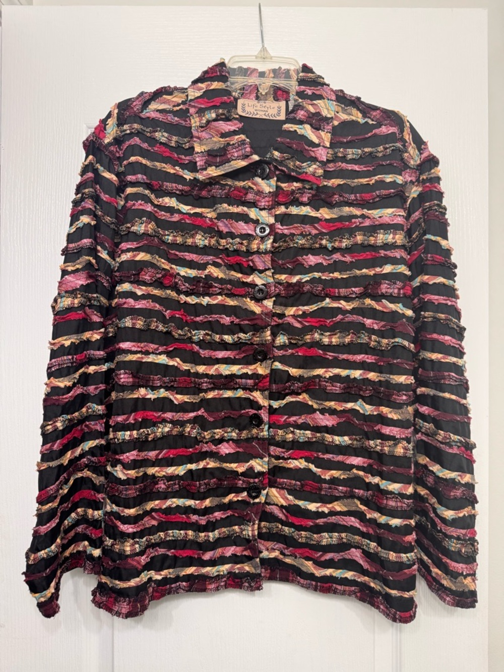 Cafe Style Woman Black Top with Multicolor Patch Detail